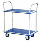 A stainless steel trolley with two blue rubberized shelves, designed for easy transport, featuring four wheels and two handle grips.