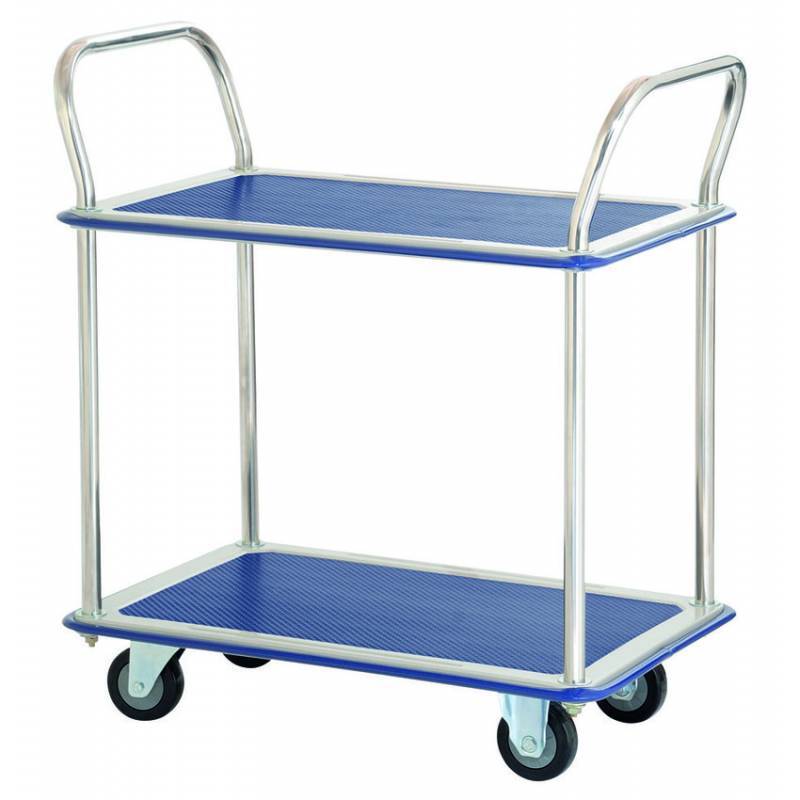 A stainless steel trolley with two blue rubberized shelves, designed for easy transport, featuring four wheels and two handle grips.