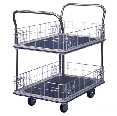 A two-tiered stainless steel trolley with mesh sides, blue rubber flooring, and four swivel wheels for easy mobility.
