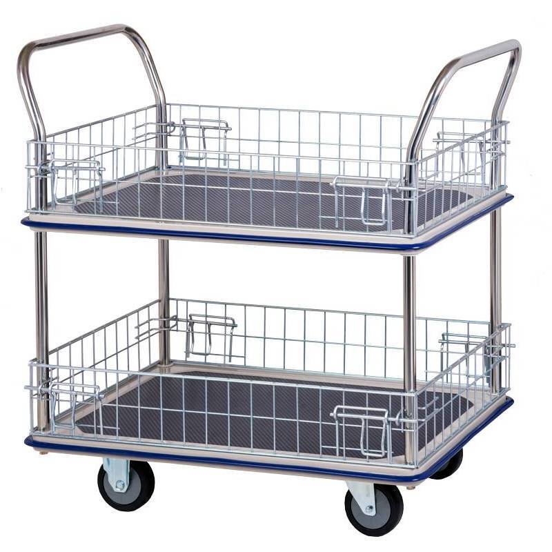 A two-tier metal trolley with wire mesh sides and a blue trim, featuring four wheels for easy mobility.