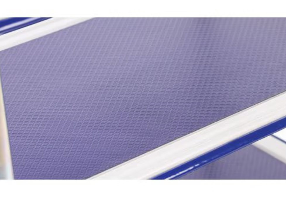 Close up of a 3-tier platform trolleys blue textured grip with white trim.