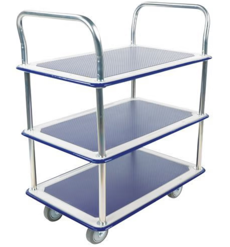 Three-tier platform trolley with a metal frame and blue textured shelves, equipped with four wheels for easy mobility.