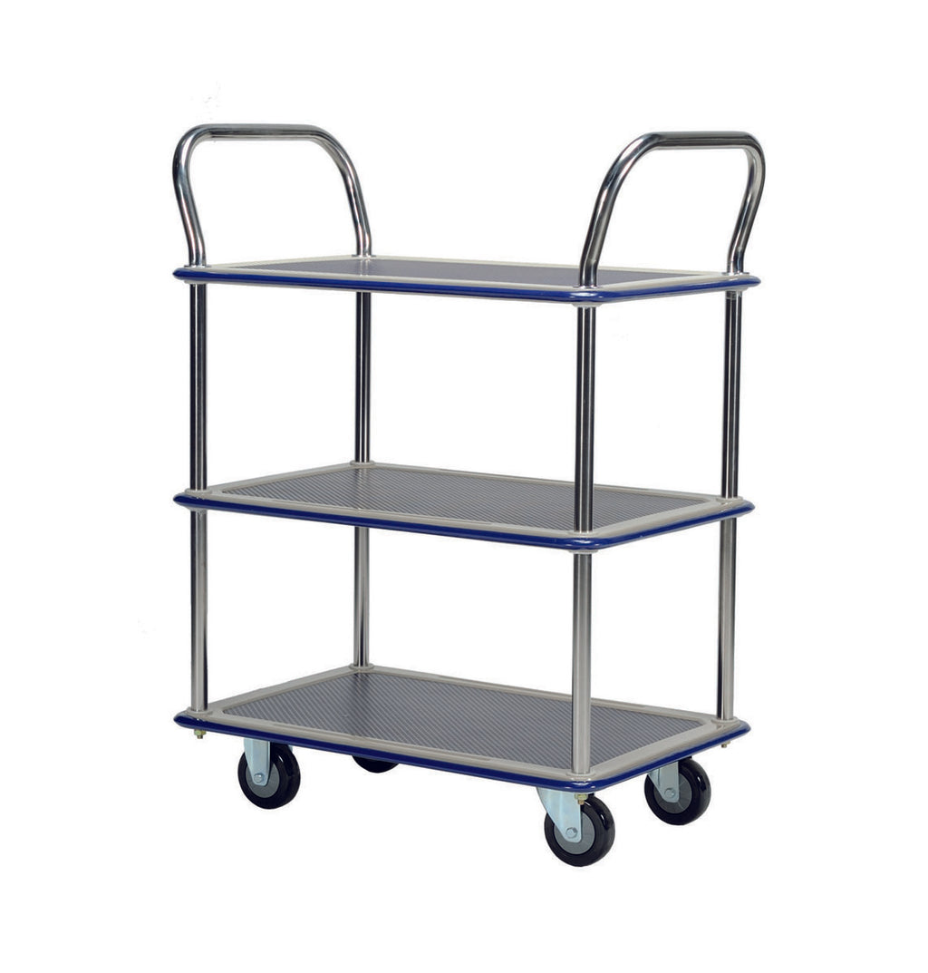 A three-tier platform trolley with blue-edge shelves and chrome handles, featuring four wheels for mobility. Ideal for storage and transport.