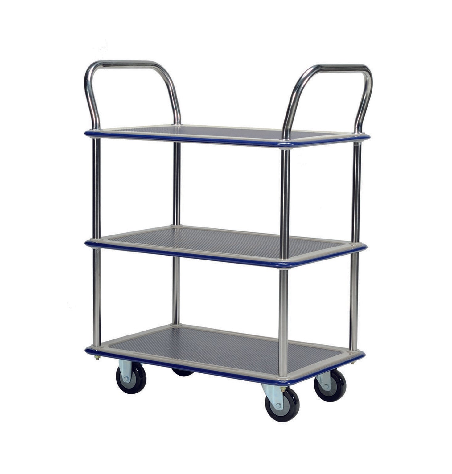 A three-tier platform trolley with blue-edge shelves and chrome handles, featuring four wheels for mobility. Ideal for storage and transport.