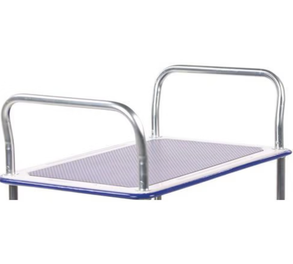 Close up of a sturdy metal platform trolley with two handrails and a textured platform for grip.