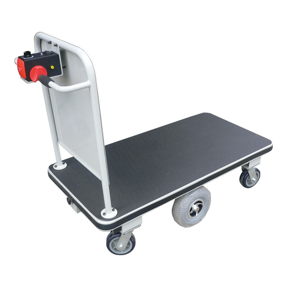 A rectangular platform cart with a textured surface, sturdy six wheels, and a control panel on the handle for ease of movement.