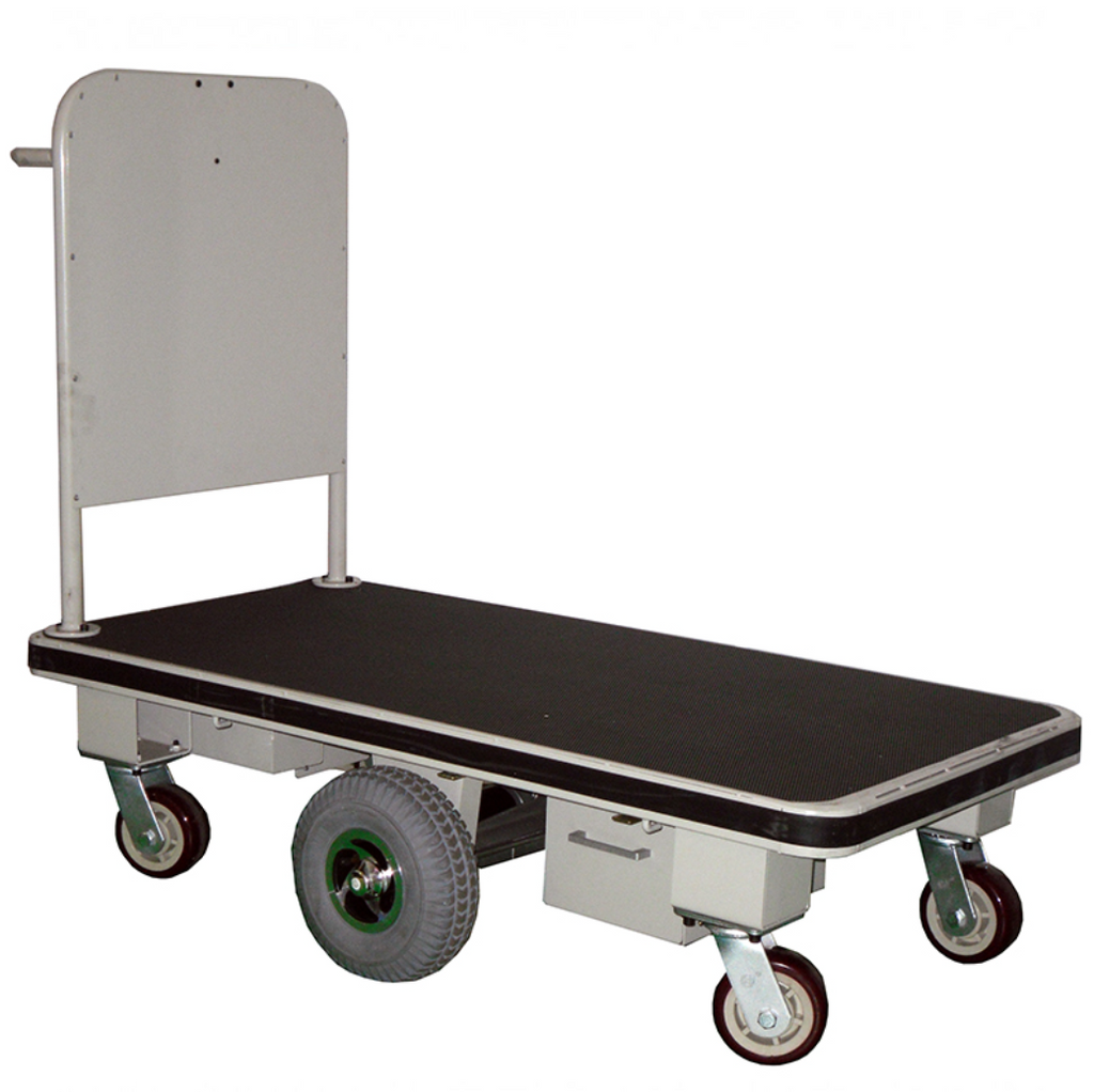A flat, wheeled cart with six sturdy wheels, a strong handle, and a rubber surface, designed for transporting heavy items easily.