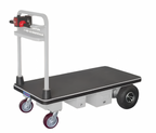 Electric platform cart with a black flatbed, silver handle, control panel, and four wheels, including two larger front tires.