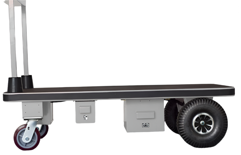 Side view of a motorized platform cart with a black flatbed, silver handle, control panel, and four wheels, including two larger front tires.