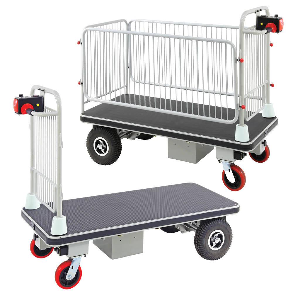 Electric platform cart with detachable railing, featuring a textured surface and red swivel wheels, shown in two configurations.