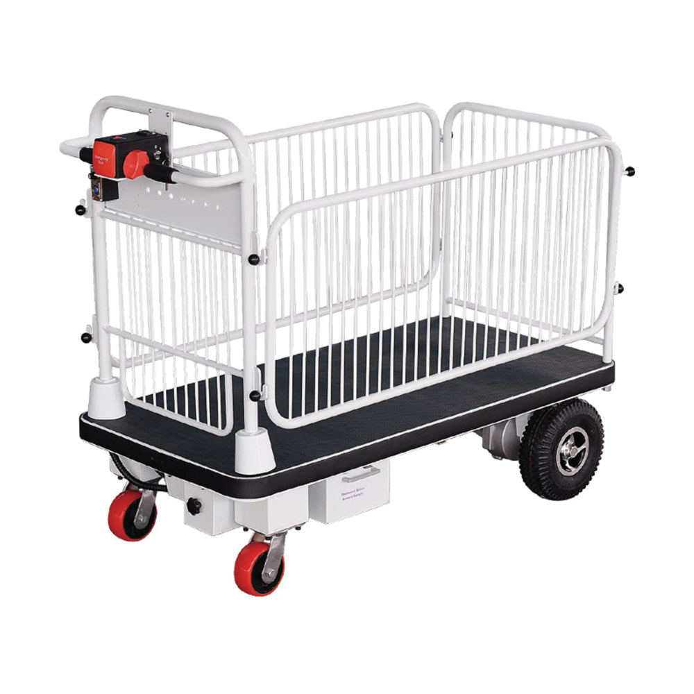 Electric utility cart with a white railing, black platform, and red wheels, designed for transporting goods easily.