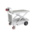 A white electric trolley cart with a flat top, scissor lift mechanism, and four wheels designed for transporting heavy items.