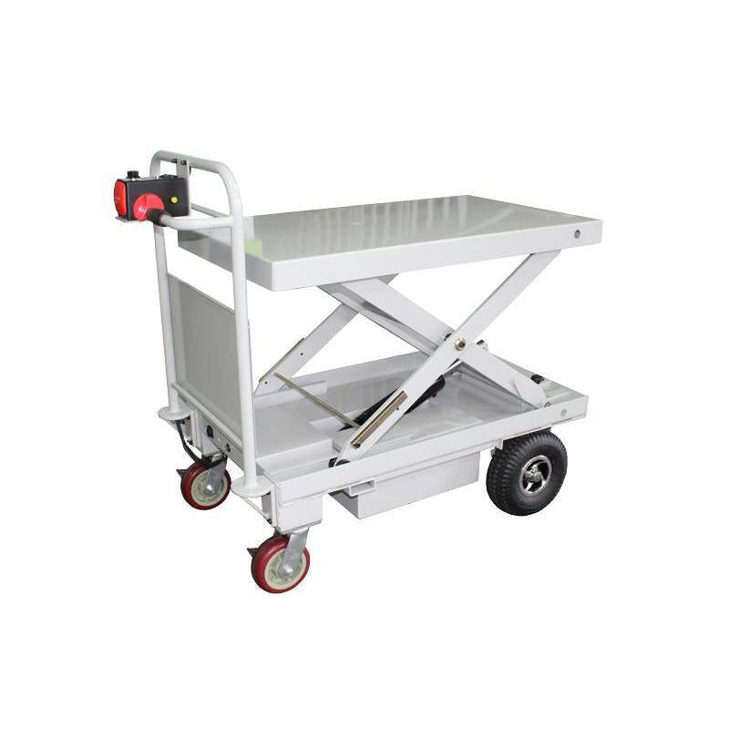 A white electric trolley cart with a flat top, scissor lift mechanism, and four wheels designed for transporting heavy items.