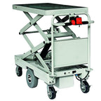 Scissor lift table cart with a flat top, adjustable height, and six wheels for mobility, designed for lifting and transporting heavy items.