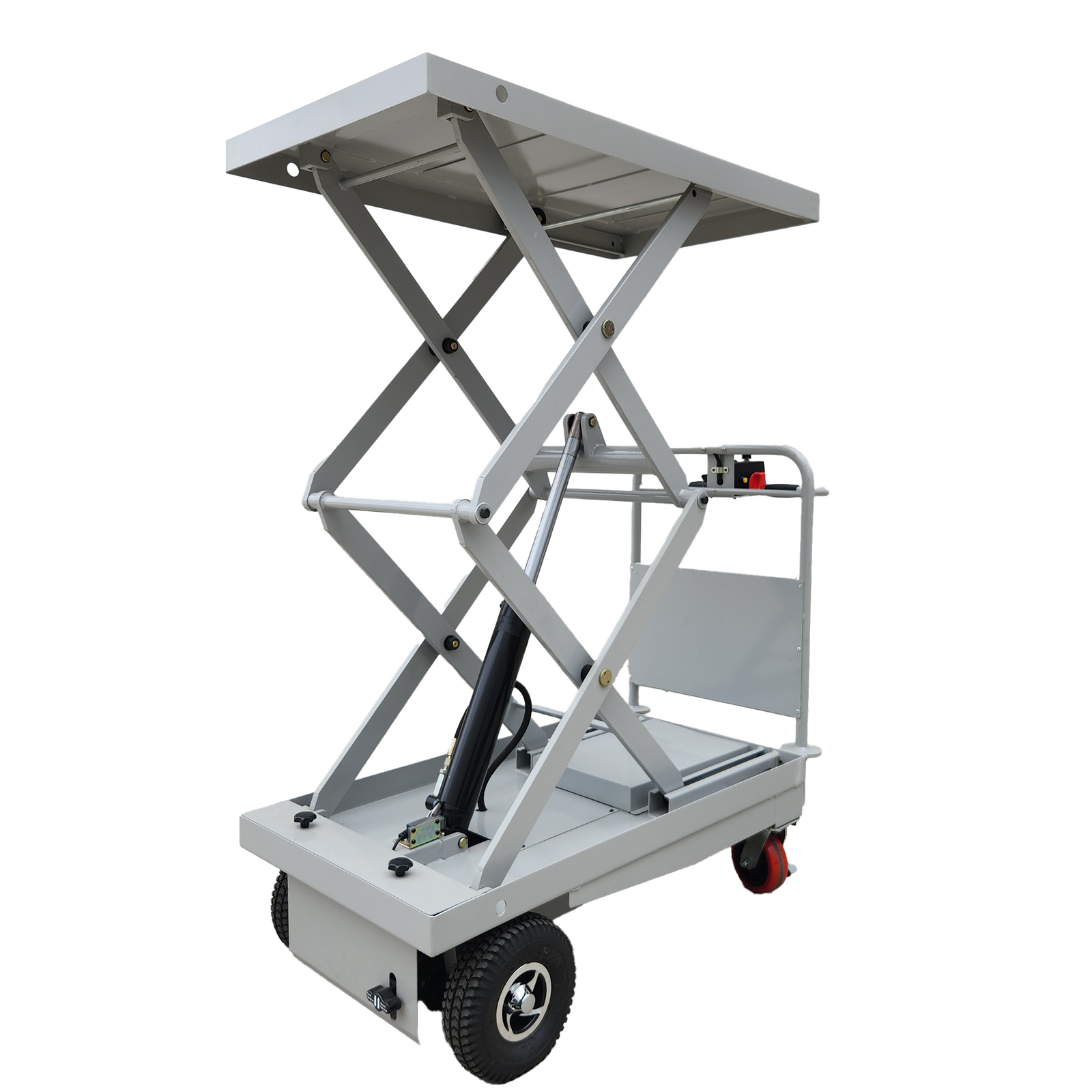 Scissor lift table with a raised platform, hydraulic mechanism, and wheels for mobility, ideal for lifting heavy loads in various settings.
