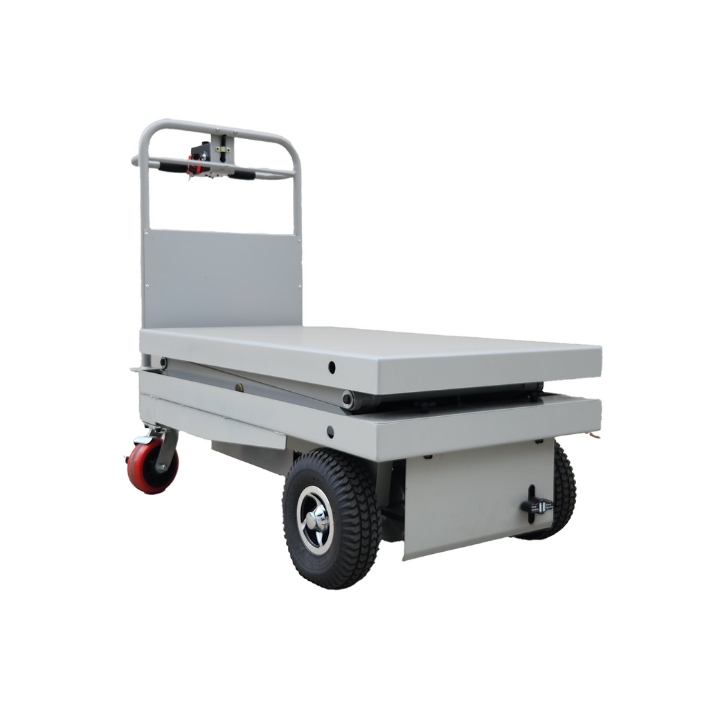 A gray, wheeled platform cart with a folding top and a push handle, designed for transporting heavy items easily.