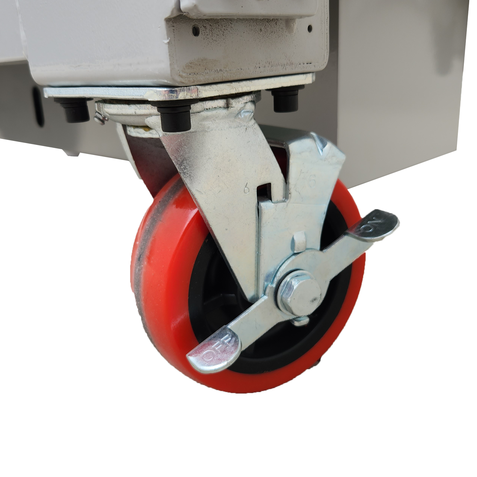 Close-up of a sturdy caster wheel with a red rubber tire, metallic frame, and locking mechanism, supporting a piece of equipment.