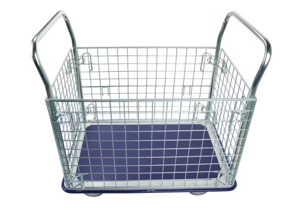 A metallic wire trolley with a blue base and two sturdy handles, designed for easy transport of goods.