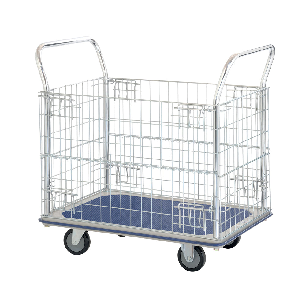 A metallic wire storage cart with a blue base and two handles, mounted on four wheels for easy mobility.
