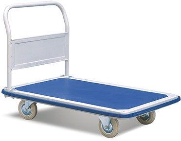 A blue platform cart with a white handle and wheels, designed for transporting heavy items easily.