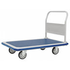 A blue platform cart with a white handle and four wheels, designed for transporting heavy items easily.