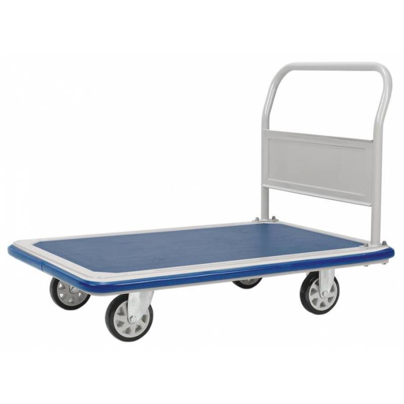 A blue platform cart with a white handle and four wheels, designed for transporting heavy items easily.