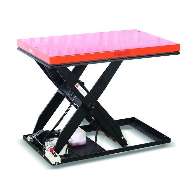 A red-topped hydraulic lift table with a black frame, designed for elevating heavy objects in workshops or warehouses.