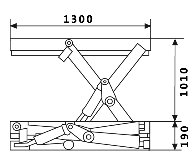 Diagram of a electric lift with dimensions: width 1300mm, height 1010mm, and base height 190mm, showcasing its mechanical structure.