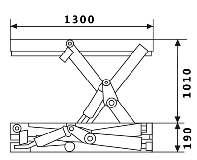 Diagram of a electric lift with dimensions: width 1300mm, height 1010mm, and base height 190mm, showcasing its mechanical structure.