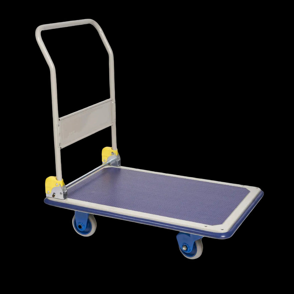 Blue platform cart with a silver handle and yellow wheel caps, designed for easy transport of items.