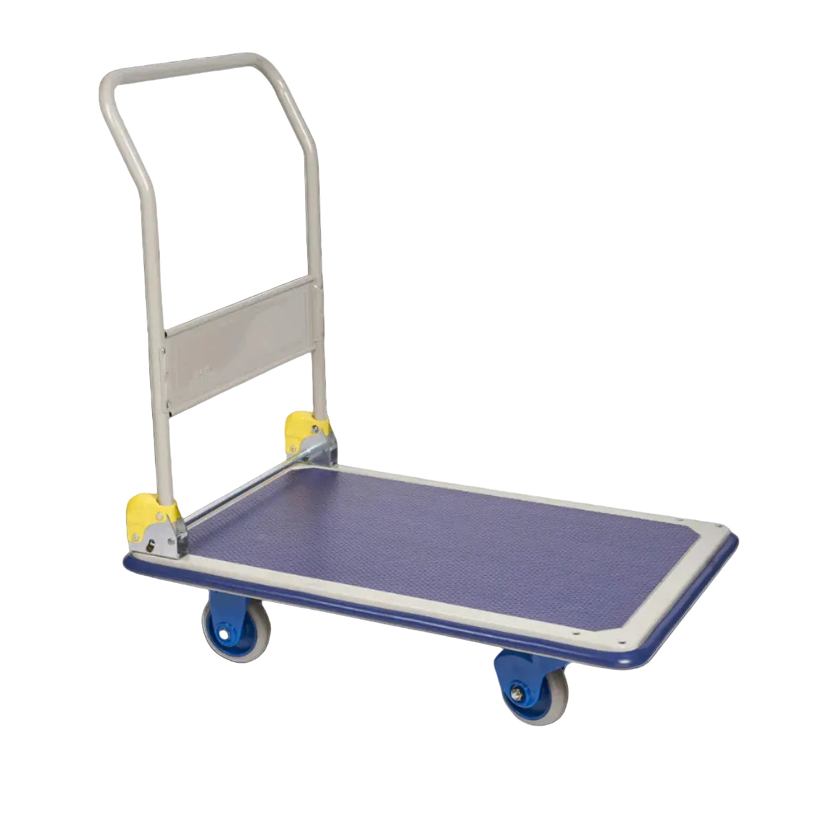 Blue platform cart with a silver handle and yellow wheel caps, designed for easy transport of items.