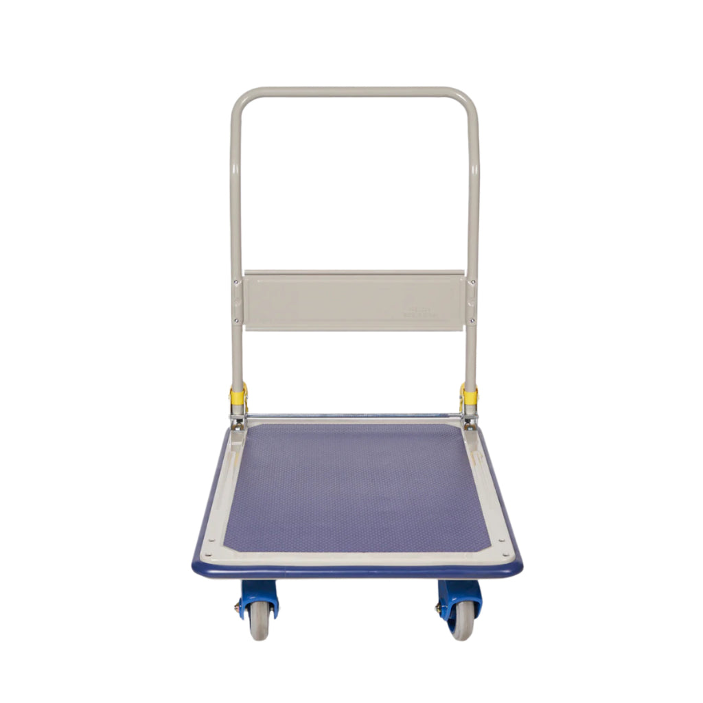 A flatbed cart with a blue platform, metal frame, and a tall handle, designed for transporting goods, shown on a white background.