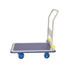 A blue platform cart with a flat surface and wheels, featuring a sturdy handle for easy maneuvering and transport of items.