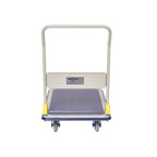 Sturdy moving cart with a flat surface, yellow corner bumpers, and grey wheels, designed for easy transport of items.