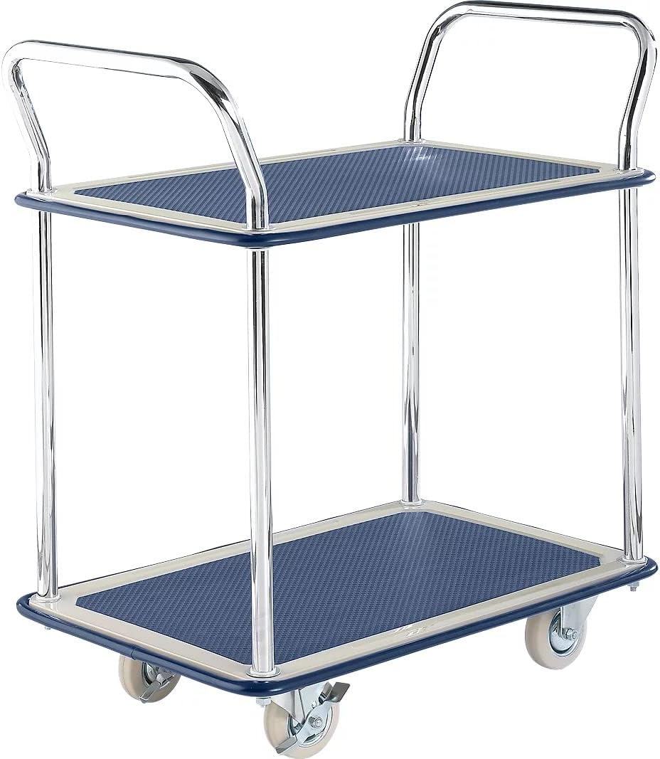 A two-tiered utility cart with chrome handles and blue rubberized shelves, supported by sturdy wheels for easy movement.