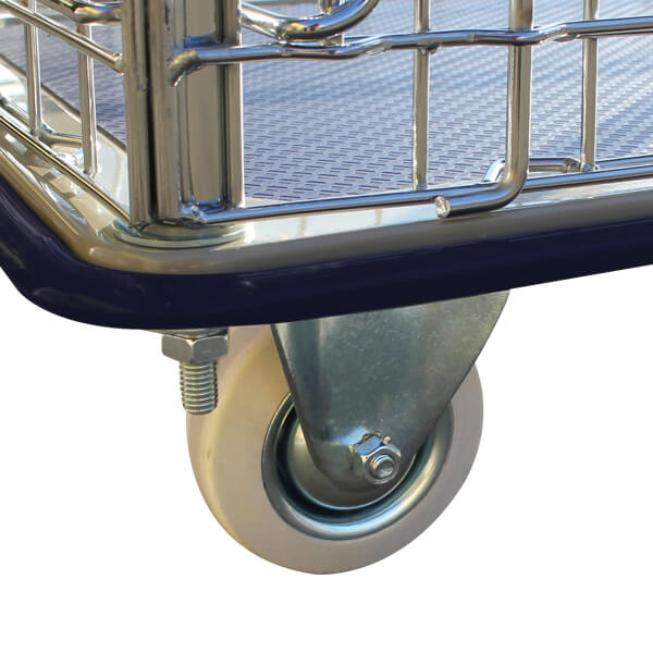 Close-up of a chrome and blue utility cart wheel, showcasing its sturdy construction and smooth-rolling white plastic wheel.