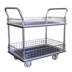 A metal shelving cart with two open wire baskets and wheels, designed for easy transport of items in various settings.