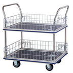 A two-tier metal cart with wire mesh sides and a blue trim, featuring a sturdy handle and four wheels for easy mobility.