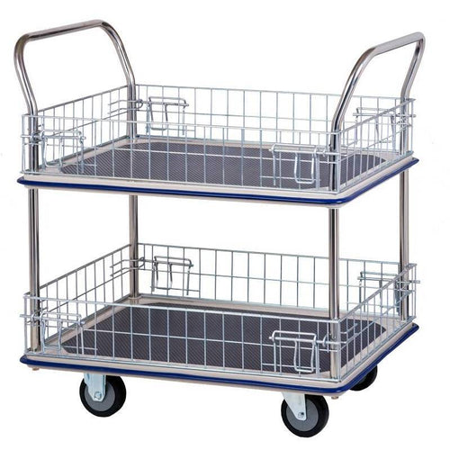 A two-tier metal cart with wire mesh sides and a blue trim, featuring a sturdy handle and four wheels for easy mobility.