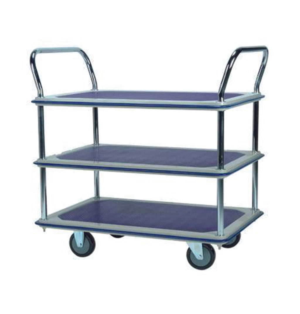 Three-tier utility cart with blue platforms and chrome frame, featuring two handles and four wheels for easy mobility.