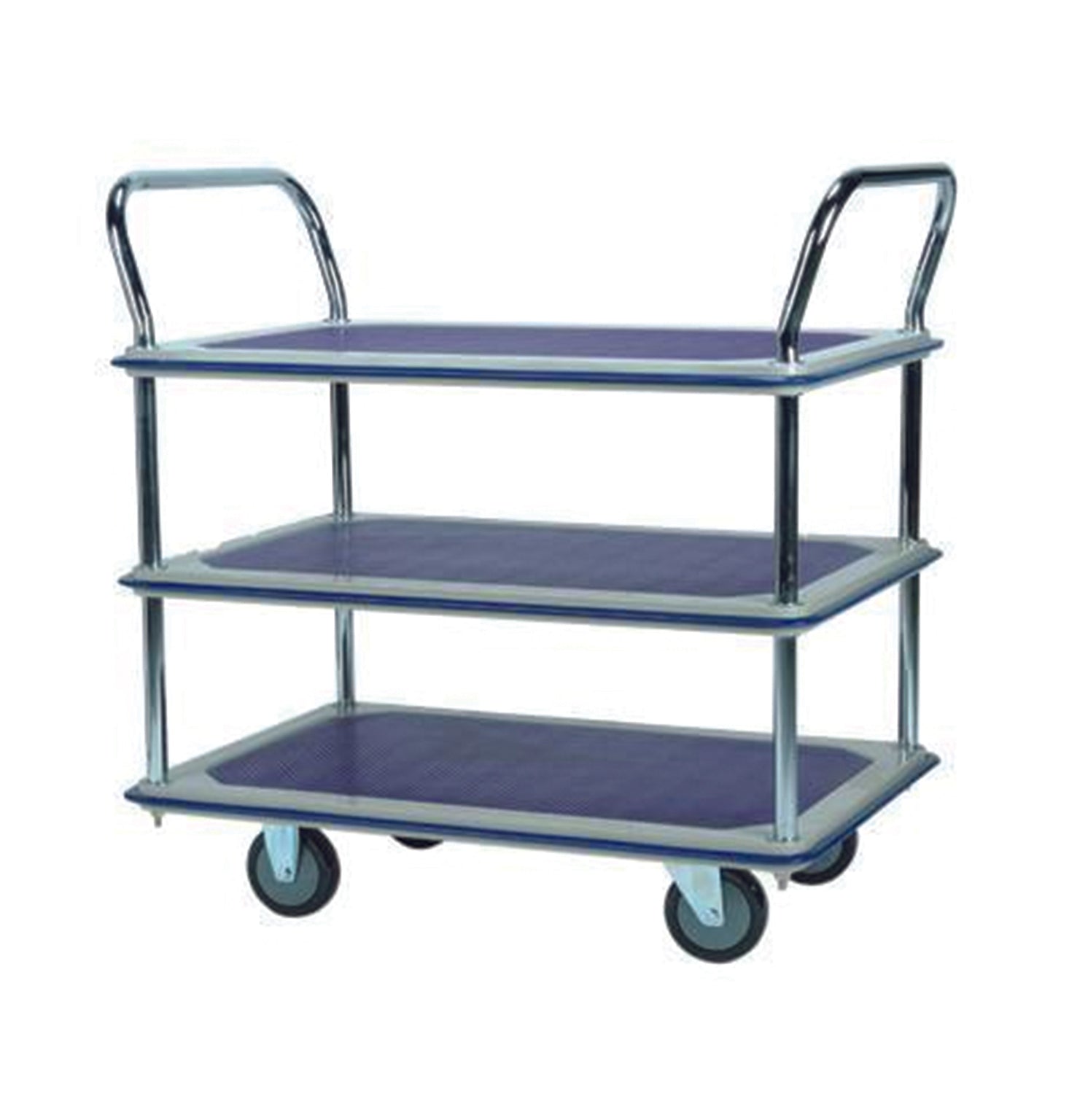 Three-tier utility cart with blue platforms and chrome frame, featuring two handles and four wheels for easy mobility.
