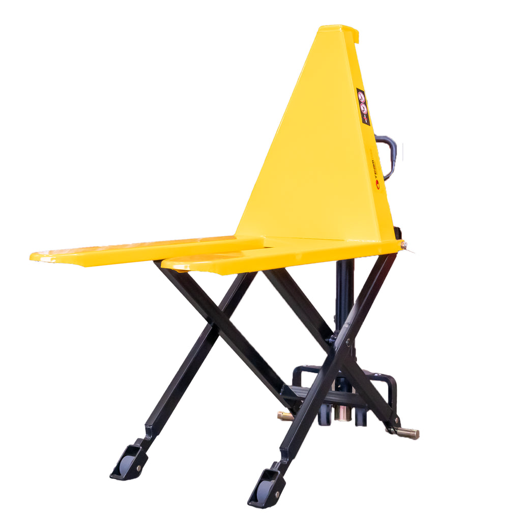 A bright yellow hydraulic high lift pallet jack with a triangular design and black scissor legs, designed for lifting and supporting heavy items.