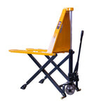 Back/side view of a yellow hydraulic high-lift pallet jack with a black manual pump handle, partially raised.