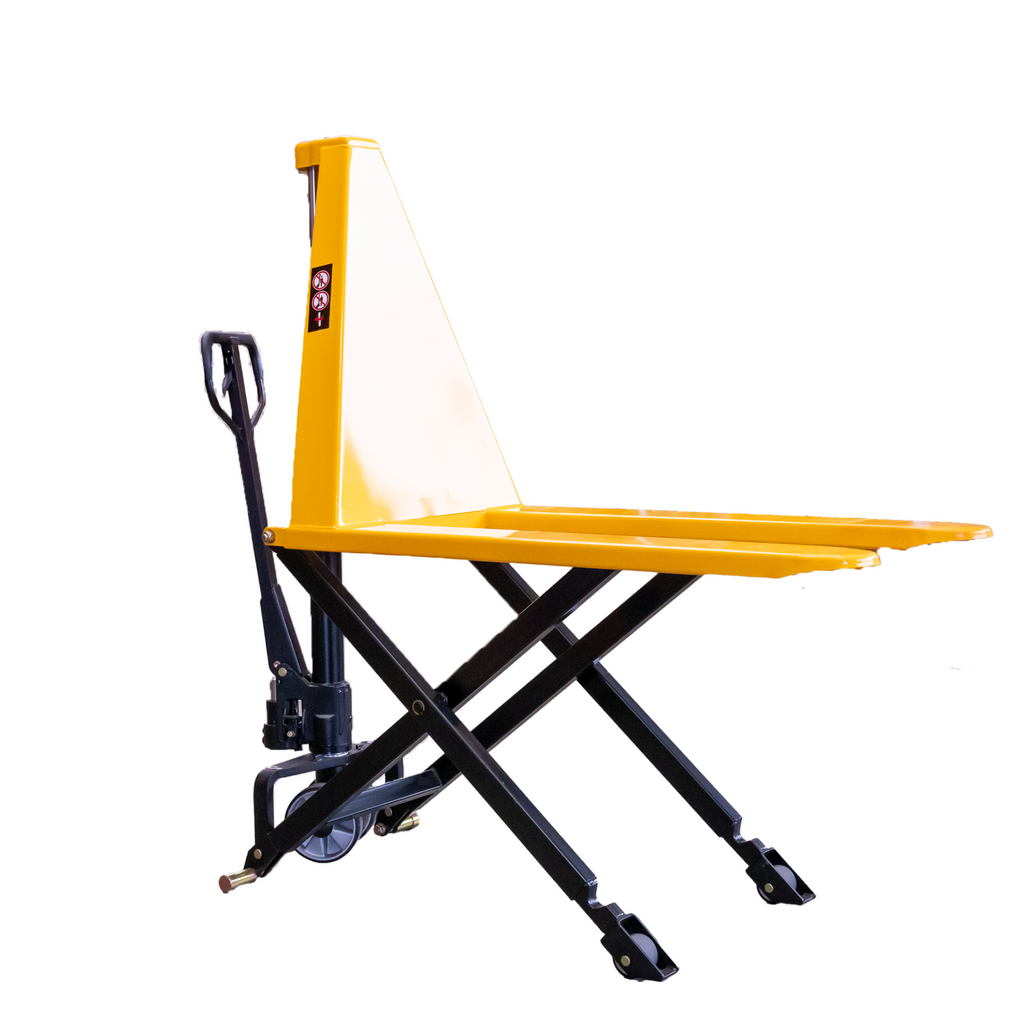 Yellow high lift hydraulic pallet jack with a scissor lift design, used for transporting and elevating heavy loads in warehouses.