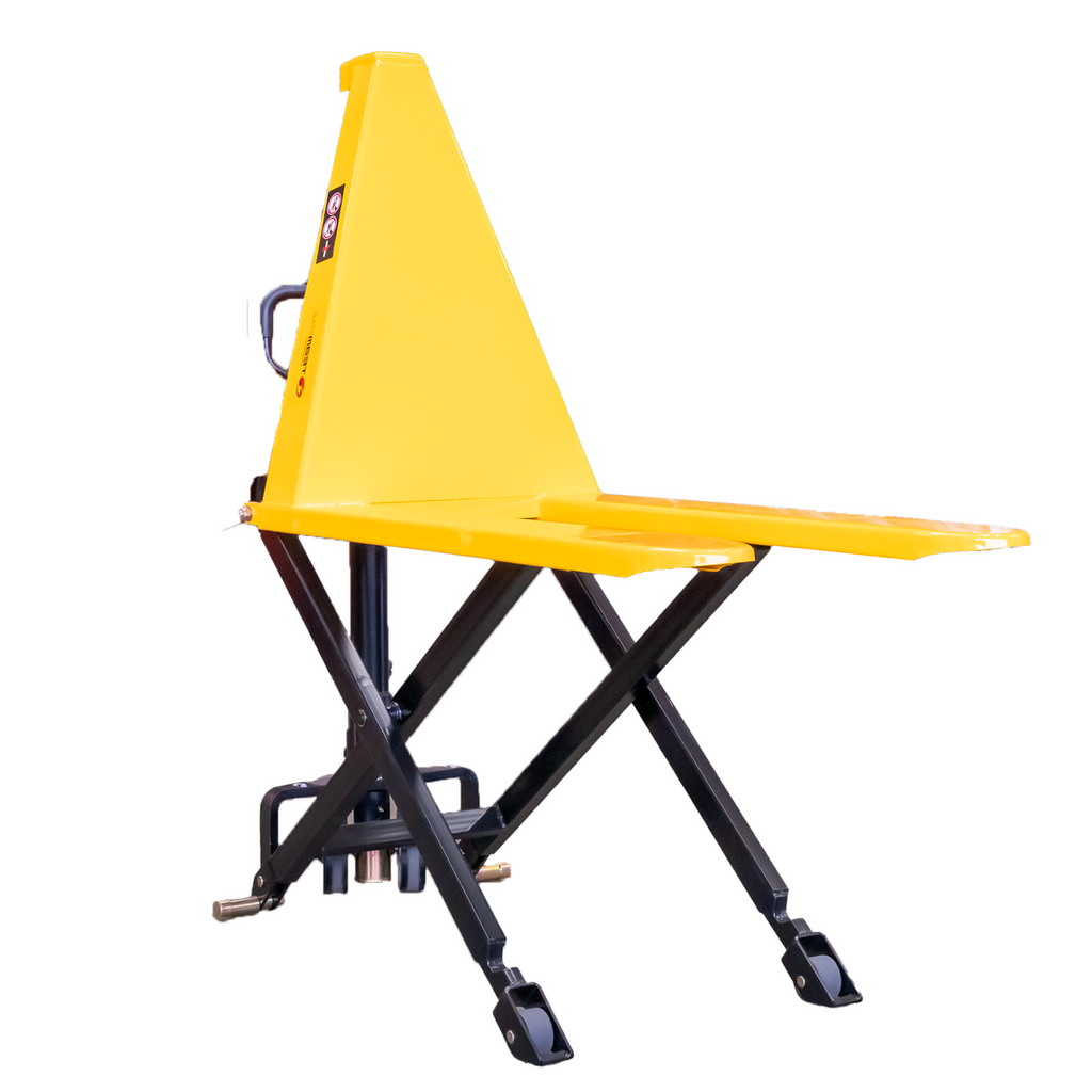 A yellow hydraulic lift table with a triangular backrest and black legs, designed for loading and lifting heavy items.