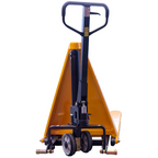 Front view of a yellow hydraulic pallet jack, featuring a black handle pump, wheels, and a triangular frame design.