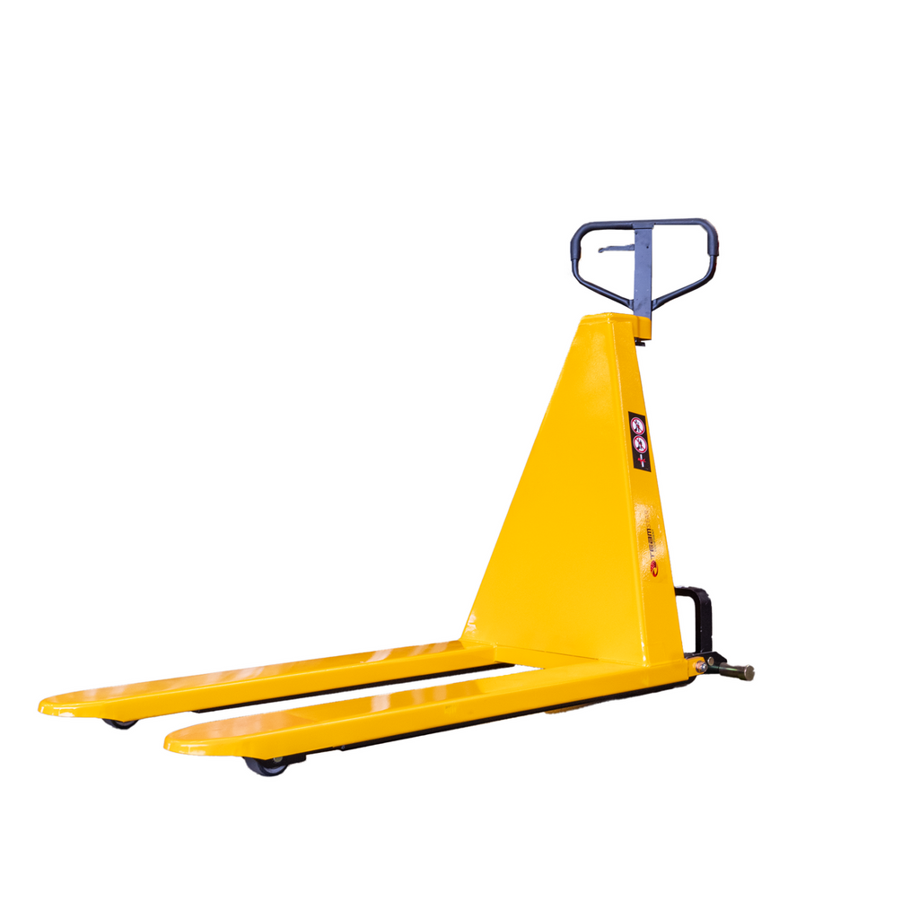 A bright yellow pallet jack with a curved handle and two sturdy forks positioned down, designed for lifting and moving heavy loads. 