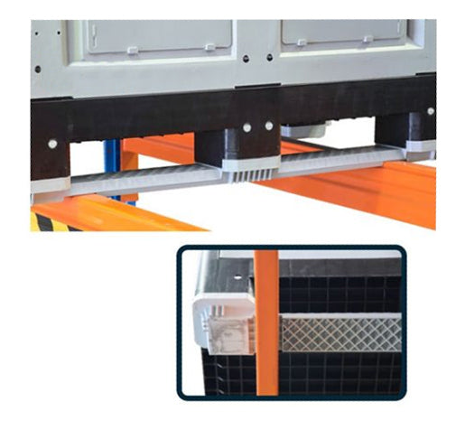 Close-up of a stacking system for storage containers, highlighting brackets and supports on a vertical shelf system.