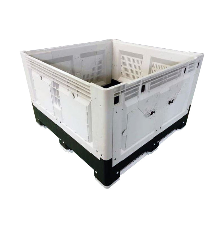 A sturdy, collapsible plastic crate with white walls and a black base, designed for storage and transport.