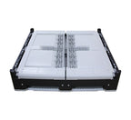 A collapsed, sturdy, large plastic container with a black frame and white base, designed for industrial storage and transport.